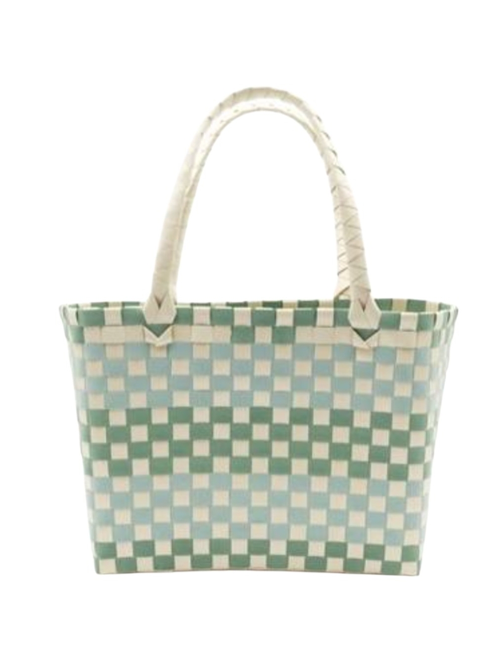 Woven Checker Tote Bag in Green and Cream
